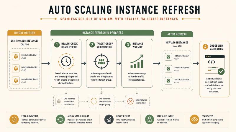 Auto Scaling instance refresh with health-check grace period, warmup, and CodeBuild validation