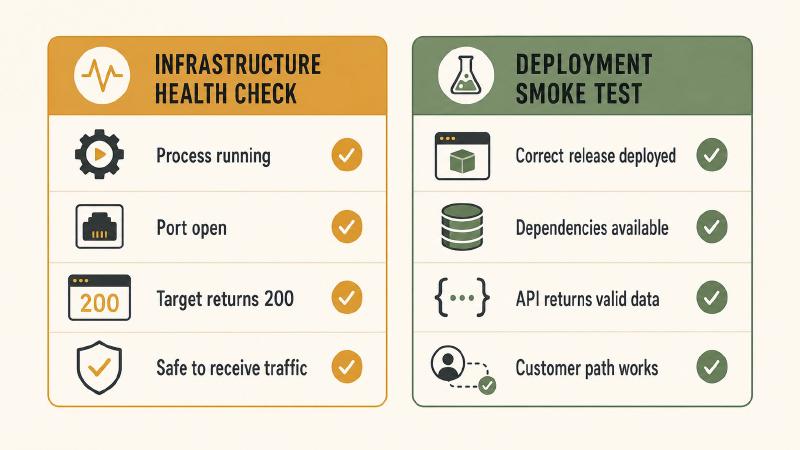 Comparison of infrastructure health checks versus deployment smoke tests