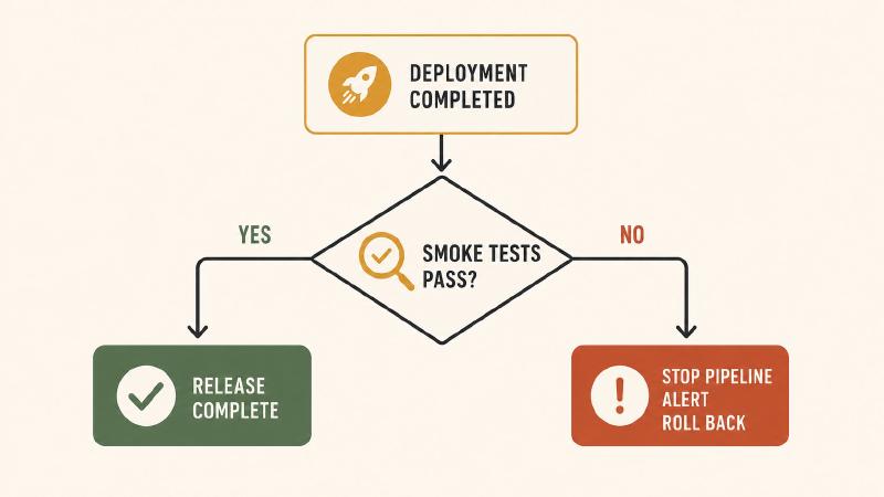 Release-gate decision: smoke tests pass to complete the release, or fail to stop, alert, and roll back