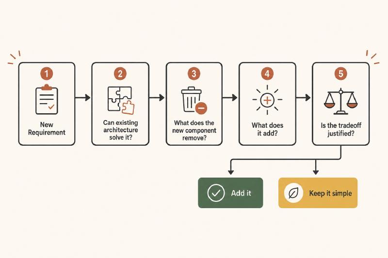 Decision flow from new requirement through tradeoff questions to add it or keep it simple
