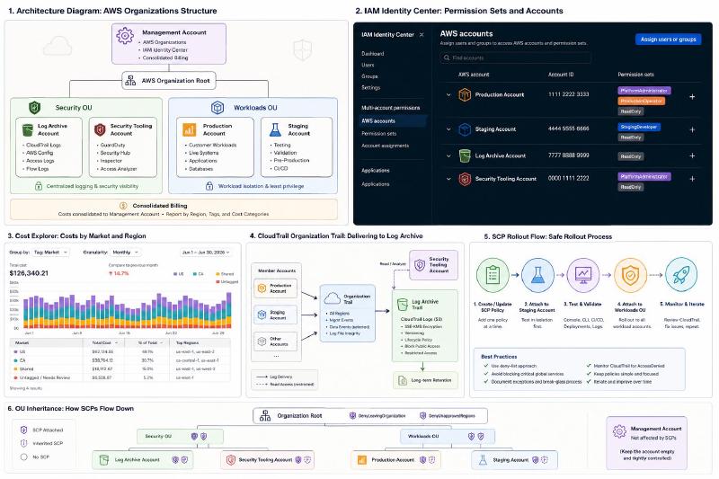 AWS Organizations account structure with Management, Security, and Workloads organizational units