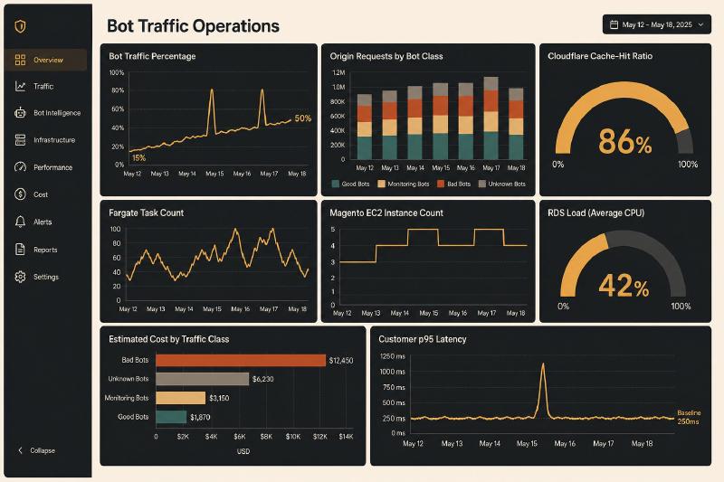 Bot traffic operations dashboard showing bot percentage, origin requests by class, cache-hit ratio, Fargate and Magento capacity, RDS load, cost by traffic class, and customer p95 latency
