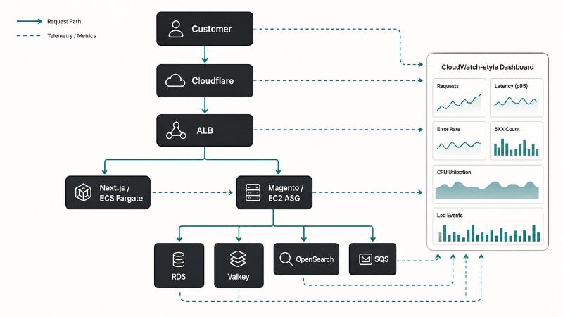 Request-path architecture from Cloudflare through ALB into Next.js on ECS Fargate and Magento on EC2, with RDS, Valkey, OpenSearch, and SQS