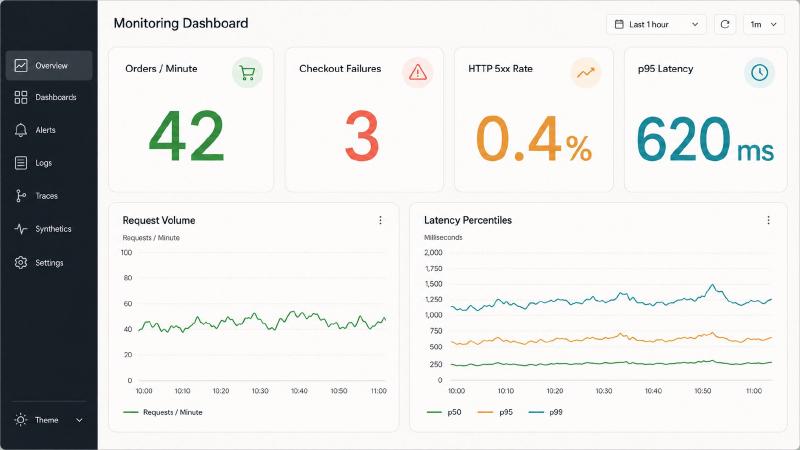 Customer-impact CloudWatch widgets for orders per minute, checkout failures, HTTP 5xx rate, and p95 latency