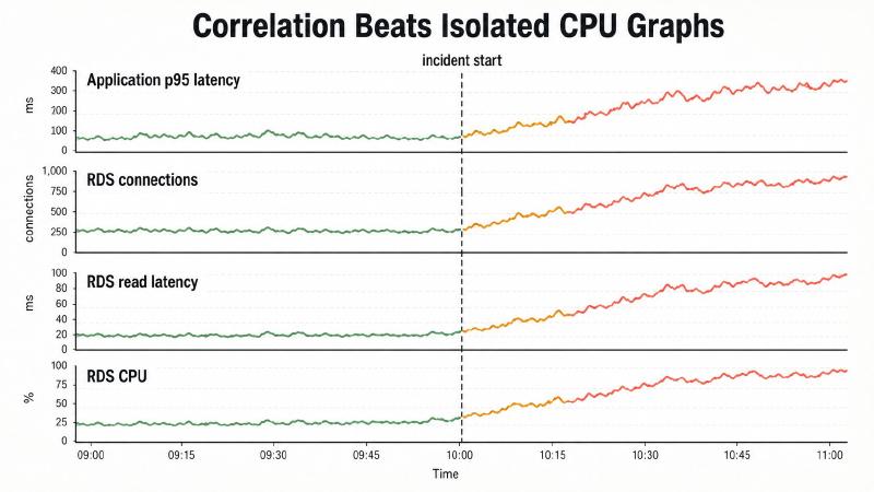 Four correlated time-series panels showing simultaneous rises in application p95 latency, RDS connections, RDS read latency, and RDS CPU