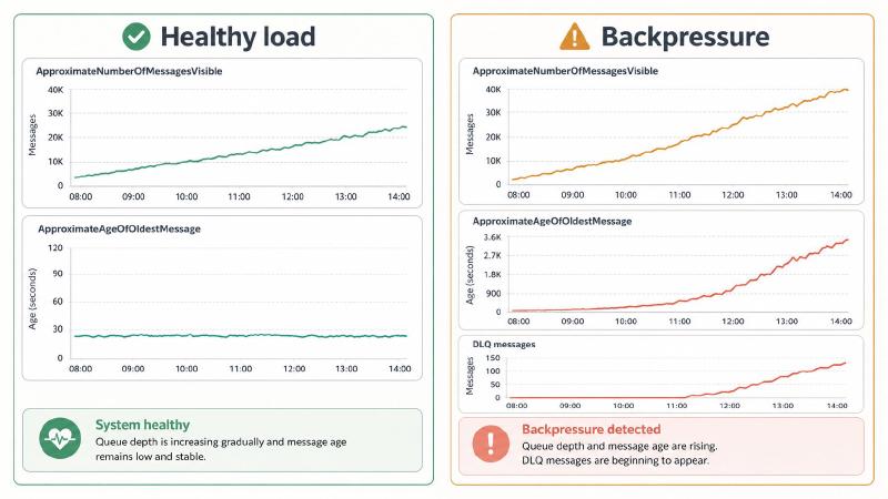 Side-by-side comparison of healthy queue depth growth versus queue backpressure with rising oldest-message age and DLQ growth
